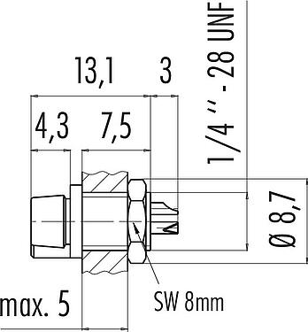Maßzeichnung Snap-In Flanschdose, Polzahl: 4, ungeschirmt, löten, IP40, 1/4" 28 UNF, Frontmontage