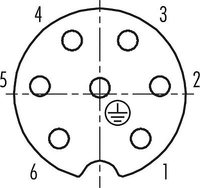 Uspořádání kontaktů (strana zástrčky) RD24 Úhlový box, : 6+PE, 10,0-12,0 mm, nestíněný, krimpování (krimpovací kontakty je třeba objednat zvlášť), IP67, UL, ESTI+, VDE, PG 13,5