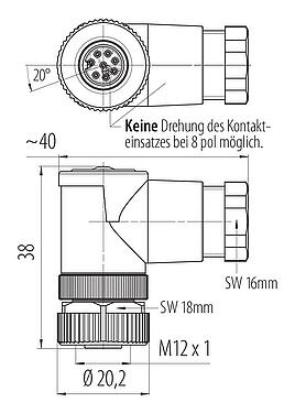 Maßzeichnung M12 Winkeldose, Polzahl: 8, 6,0-8,0 mm, ungeschirmt, schraubklemm, IP67, UL 2238