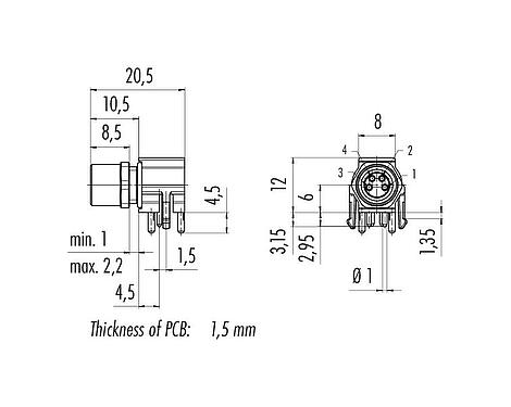 Scale drawing 99 3412 282 03 - M8 Female angled panel mount connector, Contacts: 3, unshielded, THR, IP67, UL 2238