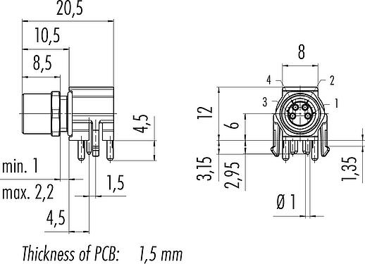 Desenho da escala M8 Soquete de flange, angular, Contatos: 4, desprotegido, THR, IP67, UL 2238