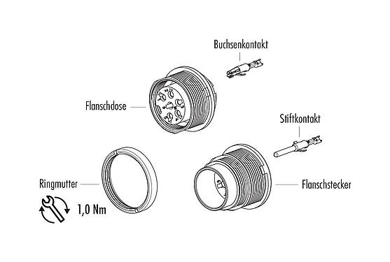 Einzelteildarstellung M16 Flanschdose, Polzahl: 5 (05-a), ungeschirmt, crimpen (Crimpkontakte müssen separat bestellt werden), IP40, M18x0,75, Rückwandmontage
