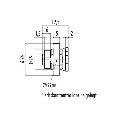 Maßzeichnung M12 Flanschdose, Polzahl: 4, ungeschirmt, löten, IP67, UL 2238, PG 9, Rückwandmontage