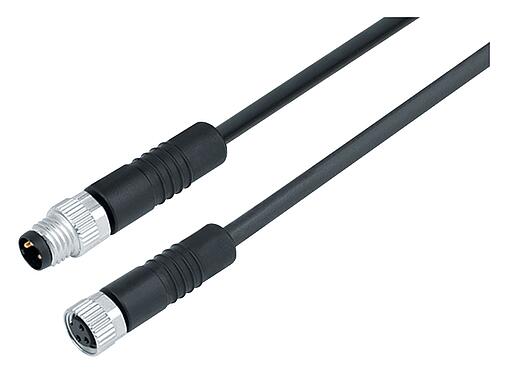 Illustration M8 Câble de raccordement connecteur mâle - connecteur femelle, Contacts: 3, non blindé, surmoulé sur le câble, IP67/IP69K, UL 2238, PUR, noir, 3 x 0,34 mm², 1 m