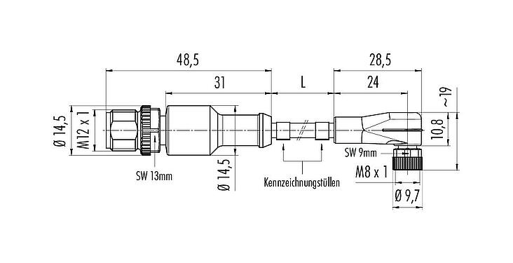 Maßzeichnung M12/M8 Kabelstecker - Winkeldose, Polzahl: 3, ungeschirmt, am Kabel angespritzt, IP67/IP69K, UL 2238, PUR, schwarz, 3 x 0,34 mm², 1 m
