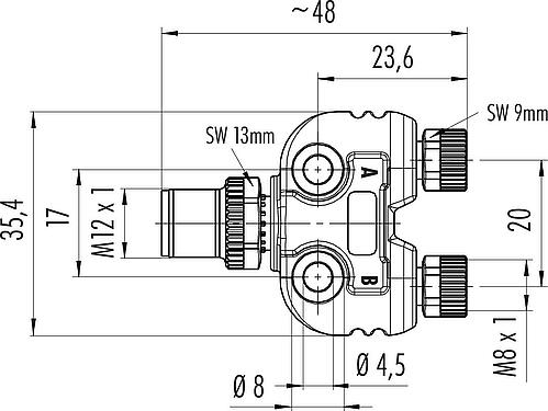 Maßzeichnung M12/M8 Zweifachverteiler, Y-Verteiler, Stecker - 2 Dosen, Polzahl: 4/3, ungeschirmt, steckbar, IP68, UL 2238
