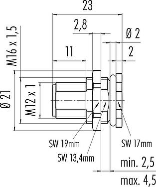 Scale drawing M12 Male panel mount connector, Contacts: 4, unshielded, solder, IP68, UL 2238, M16x1.5, Rear mounting