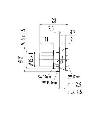 Scale drawing M12 Male panel mount connector, Contacts: 8, unshielded, solder, IP68, UL 2238, M16x1.5, Rear mounting