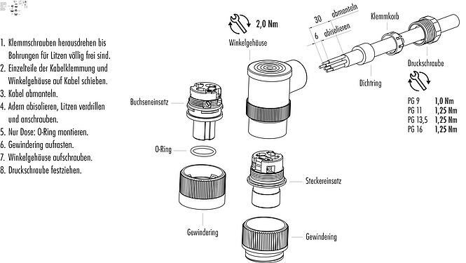 Montageanleitung RD24 Winkeldose, Polzahl: 6+PE, 8,0-10,0 mm, ungeschirmt, schraubklemm, IP67, UL, ESTI+, VDE, PG 11