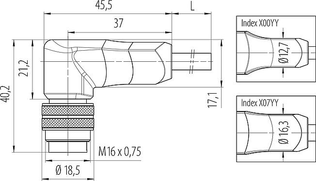 縮尺図 M16 オスアングルコネクタ, 極数: 8, シールド, モールドケーブル付き, IP67, PUR, 黒, 8x0.25mm², 2m