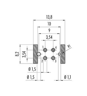 Leiterplattenlayout M12 Flanschstecker, Polzahl: 4, schirmbar, SMT, IP67, M14x1,0, Rückwandmontage