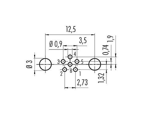 Conductor layout M8 Female panel mount connector, Contacts: 6, shieldable, THT, IP67, UL 2238, M10x0.75, Rear mounting, potted