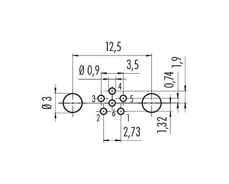 Conductor layout 09 3422 82 06 - M8 Female panel mount connector, Contacts: 6, shieldable, THT, IP67, M10x0.75, front fastened