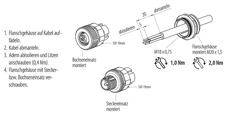 Montageanleitung M12 Flanschdose, Polzahl: 4, ungeschirmt, schraubklemm, IP68, UL 2238, VDE, M20x1,5, Frontmontage