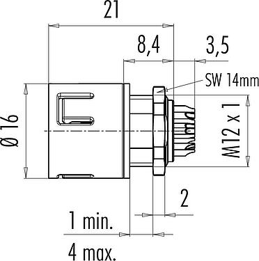 縮尺図 スナップイン オスパネルマウントコネクタ, 極数: 8, 非シールド, はんだ, IP67, UL 2238, VDE, M12x1.0, フロントマウント