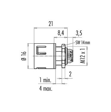 Disegno in scala Snap-In Connettore maschio a flangia, Numero poli: 8, non schermato, saldare, IP67, UL 2238, VDE, M12x1,0, Montaggio anteriore