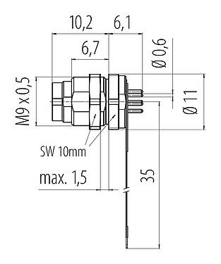 Méretarányos rajz M9 panelre szerelhető csatlakozó, : 8, árnyékolatlan, THT, IP40, M9x0,5, hátsó panel felszerelés