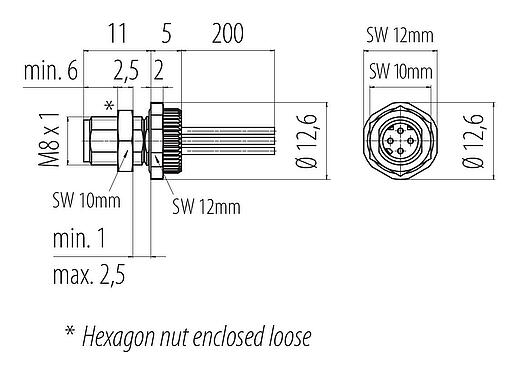 Skalritning 76 6321 1011 00404-0200 - M8 Flänsplugg, antal poler: 4, oskärmad, flätad kabel, IP67, M8x1,0, Bakre väggmontering
