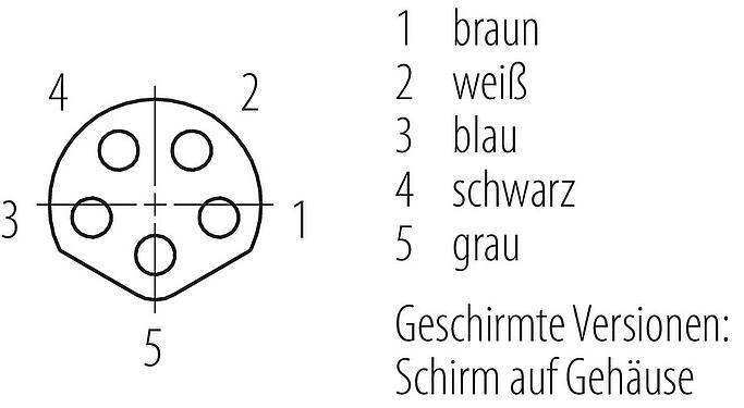 Polbild (Steckseite) M8 Kabeldose, Polzahl: 5, geschirmt, am Kabel angespritzt, IP67/IP69K, M8x1,0, PUR, schwarz, 5 x 0,25 mm², 2 m