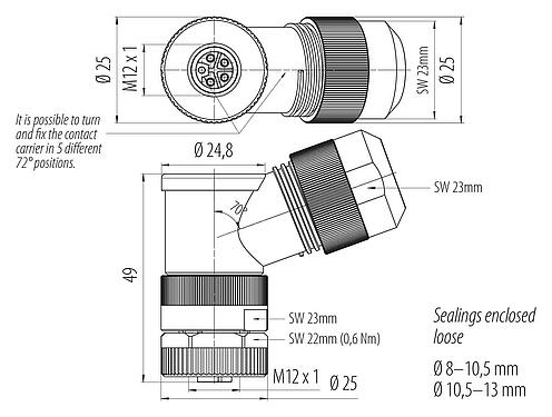 Disegno in scala M12 Connettore angolare femmin, Numero poli: 4+FE, 8,0-13,0 mm, non schermato, morsetto a vite, IP67, UL 2238, M12x1,0, per l'alimentazione elettrica