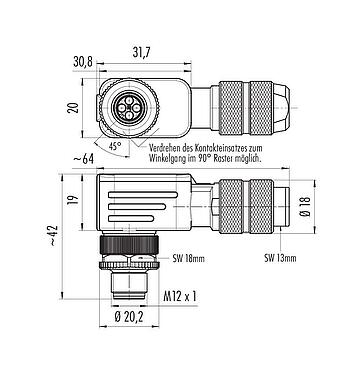 Maßzeichnung 99 1433 824 04 - M12 Winkelstecker, Polzahl: 4, 5,0-8,0 mm, schirmbar, crimpen (Crimpkontakte müssen separat bestellt werden), IP67, UL