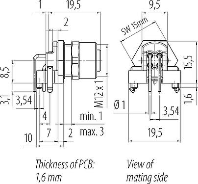 Schaaltekening M12 Female panel mount connector, aantal polen: 4, onafgeschermd, THR, IP67, UL 2238, M12x1,0, Achterwandmontage, tweedelige uitvoering