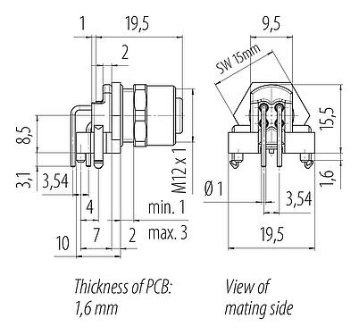 Scale drawing 99 3732 203 04 - M12 Female panel mount connector, Contacts: 4, shieldable, THR, IP67, UL 2238, M12x1.0, Rear mounting