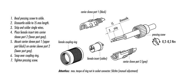 조립 지침 99 0080 100 04 - M9 케이블 소켓, 콘택트 렌즈: 4, 3.0-4.0mm, 차폐되지 않음, 솔더, IP40