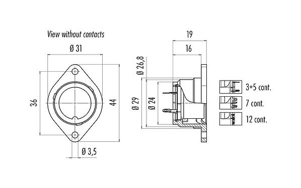 Scale drawing Bayonet Female panel mount connector, Contacts: 5, unshielded, solder, IP40, Front mounting