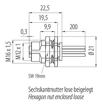 Bản vẽ tỷ lệ M12 Ổ cắm gắn bảng, Số lượng cực : 5, không có chống nhiễu, dây đơn, IP68, UL 2238, M16x1,5, Chốt trung tâm, có thể vặn từ phía trước, túp lều
