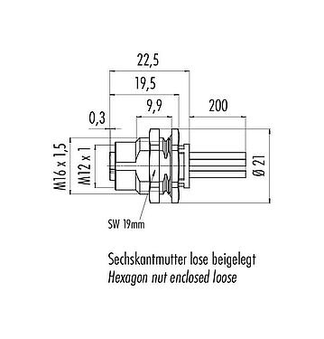 Scale drawing 76 0646 1134 00035-0200 - M12 Female panel mount connector, Contacts: 5, unshielded, single wires, IP68, UL, M16x1.5, screwable from the front