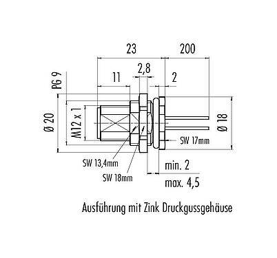 Maßzeichnung M12 Flanschstecker, Polzahl: 5, ungeschirmt, Litzen, IP68, UL 2238, PG 9, Rückwandmontage