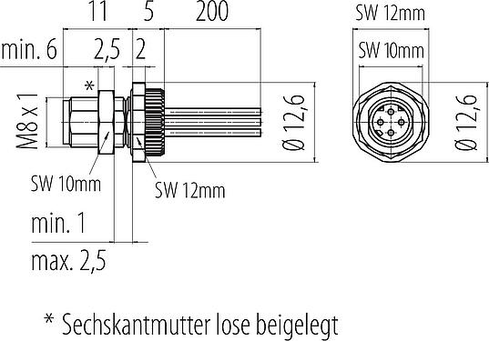Maßzeichnung M8 Flanschstecker, Polzahl: 4, ungeschirmt, Litzen, IP67, M8x1,0, Rückwandmontage