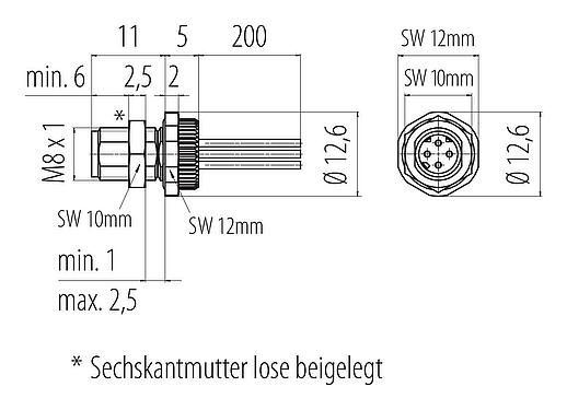 Maßzeichnung M8 Flanschstecker, Polzahl: 4, ungeschirmt, Litzen, IP67, M8x1,0, Rückwandmontage
