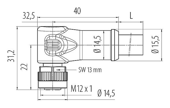 Dessin coté 77 0634 0000 50704-0500 - M12 Connecteur femelle coudé, Contacts: 4, non blindé, surmoulé sur le câble, IP68, PUR, noir, 4 x 1,50 mm², 5 m