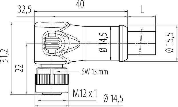 Bản vẽ tỷ lệ M12 Ổ cắm bẻ góc, Số lượng cực : 4, không có chống nhiễu, ép phun vào dây cáp, IP68, UL, PUR, màu đen, 4x1,50mm², 2m