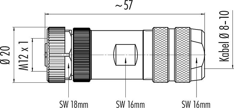 Maßzeichnung M12 Kabeldose, Polzahl: 12, 8,0-10,0 mm, schirmbar, löten, IP67, UL 2238, mit Schirmring