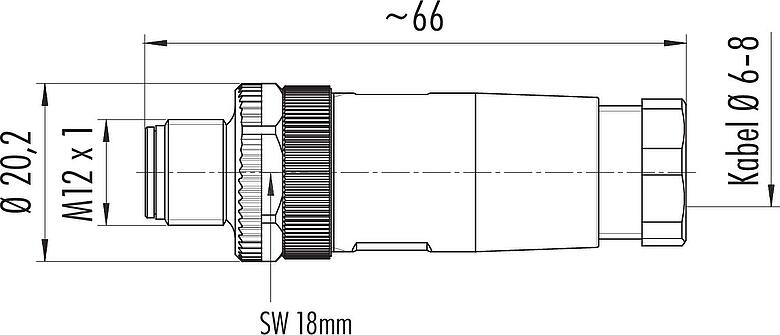 Maßzeichnung M12 Kabelstecker, Polzahl: 2+PE, 6,0-8,0 mm, ungeschirmt, schraubklemm, IP67, UL 2238