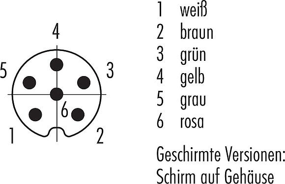 Polbild (Steckseite) M8 Kabelstecker, Polzahl: 6, geschirmt, am Kabel angespritzt, IP67, UL 2238, PVC, grau, 6 x 0,25 mm², 2 m
