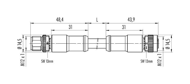 Desenho da escala 77 0606 0605 50704-0500 - M12 Plugue de cabo - tomada de cabo M12x1, Contatos: 4, desprotegido, moldado no cabo, IP68, PUR, preto, 4 x 1,50 mm², 5 m