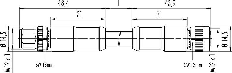 比例圖 M12 針頭電纜連接器 - 孔頭帶電纜連接器, : 4, 非遮罩, 預鑄電纜, IP68, PUR, 黑色, 4x1.50mm², 2m