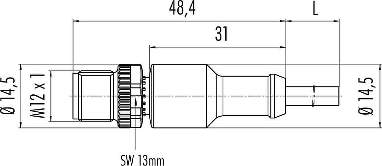 Scale drawing M12 Male cable connector, Contacts: 5, unshielded, moulded on the cable, IP68/IP69K, PUR, black, 5 x 0.34 mm², for welding applications, 5 m