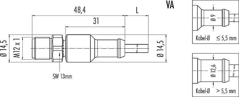 Maßzeichnung M12 Kabelstecker, Polzahl: 3, ungeschirmt, am Kabel angespritzt, IP67/IP69K, UL 2238, PUR, schwarz, 3 x 0,34 mm², Edelstahl, 5 m
