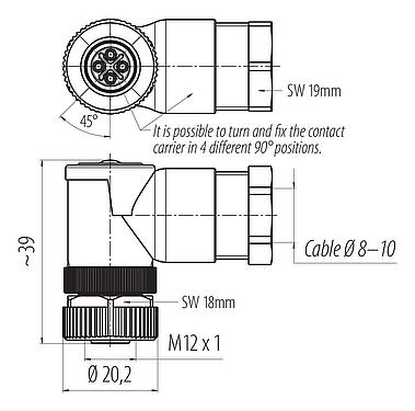 Méretarányos rajz M12 derékszögű aljzat, : 3+PE, 8,0-10,0 mm, árnyékolatlan, csavaros bilincs, IP67, UL 2238, VDE