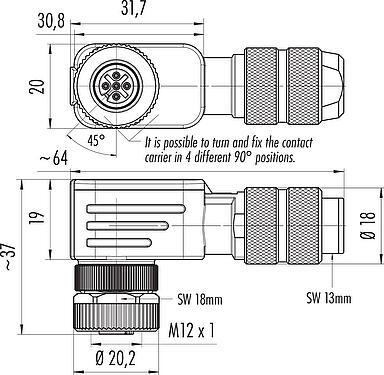比例图 M12 弯角孔头电缆连接器, 极数: 5, 5.0-8.0mm, 可接屏蔽, 螺钉接线, IP67, UL 2238