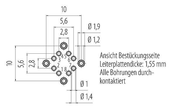 Leiterplattenlayout M12 Flanschdose, Polzahl: 8, schirmbar, THT, IP67, UL, M16x1,5, Frontmontage