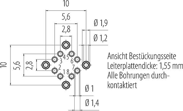 Leiterplattenlayout M12 Flanschdose, Polzahl: 8, schirmbar, THT, IP67, UL, M16x1,5, Rückwandmontage