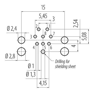 Disposizione dei conduttori 99 3481 601 08 - M12 Connettore maschio a flangia, angolato, Numero poli: 8, schermabile, THR, IP68, UL, per l'assemblaggio di PCB