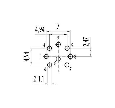 Leiterplattenlayout 09 0174 90 08 - M16 Flanschdose, Polzahl: 8 (08-a), ungeschirmt, THT, IP68, UL, AISG konform, von vorne verschraubbar