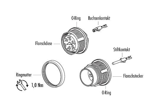Einzelteildarstellung M16 Flanschstecker, Polzahl: 5 (05-a), ungeschirmt, crimpen (Crimpkontakte müssen separat bestellt werden), IP67, UL 2238, M18x0,75, Rückwandmontage